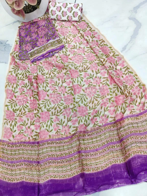Unstitched_Purple_and_Pink_Block_printed_Chanderi_Silk_three_piece_suit_set