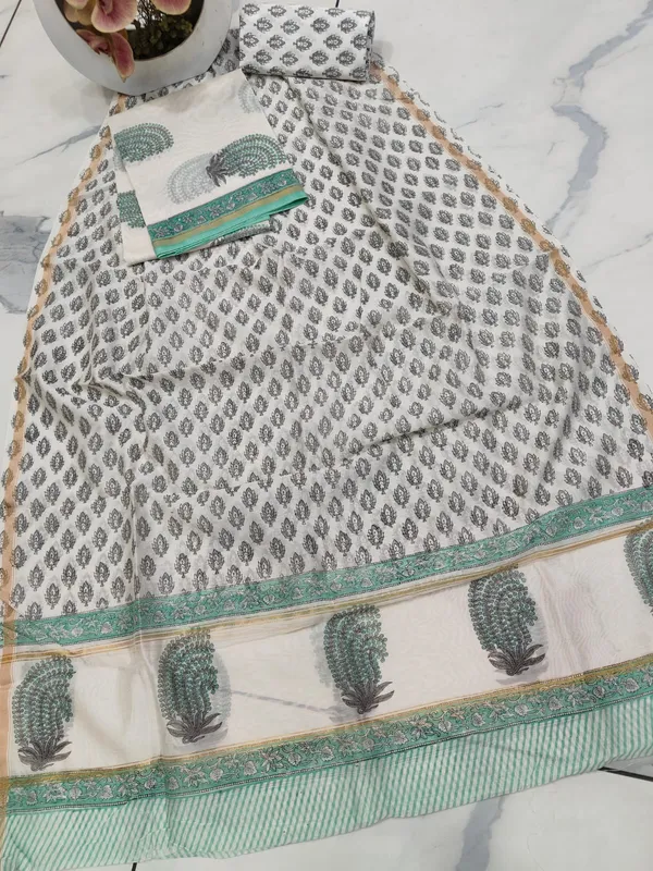 Unstitched_Green_and_Grey_Block_printed_Chanderi_Silk_three_piece_suit_set