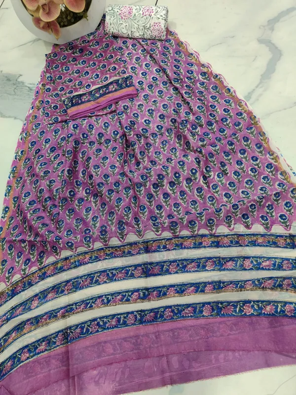 Unstitched_Purple_and_Blue_Block_printed_Chanderi_Silk_three_piece_suit_set