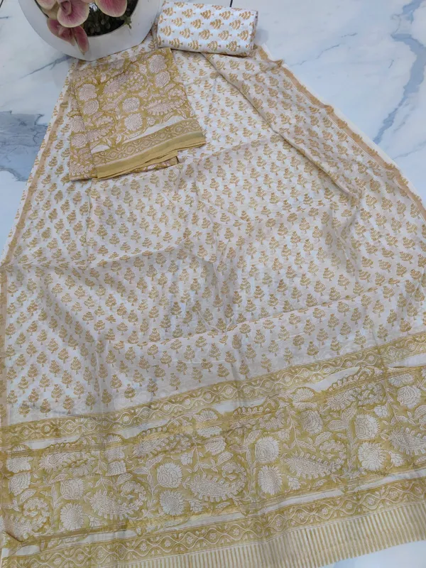 Unstitched_Yellow_Block_printed_Chanderi_Silk_three_piece_suit_set