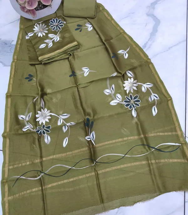 Unstitched_Olive_Hand_Painted_Chanderi_Silk_three_piece_suit_set