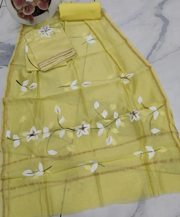 Unstitched_Yellow_Hand_Painted_Chanderi_Silk_three_piece_suit_set