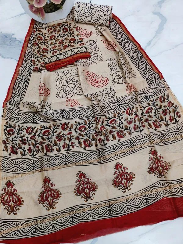 Unstitched_Red_and_Black_Block_printed_Chanderi_Silk_three_piece_suit_set