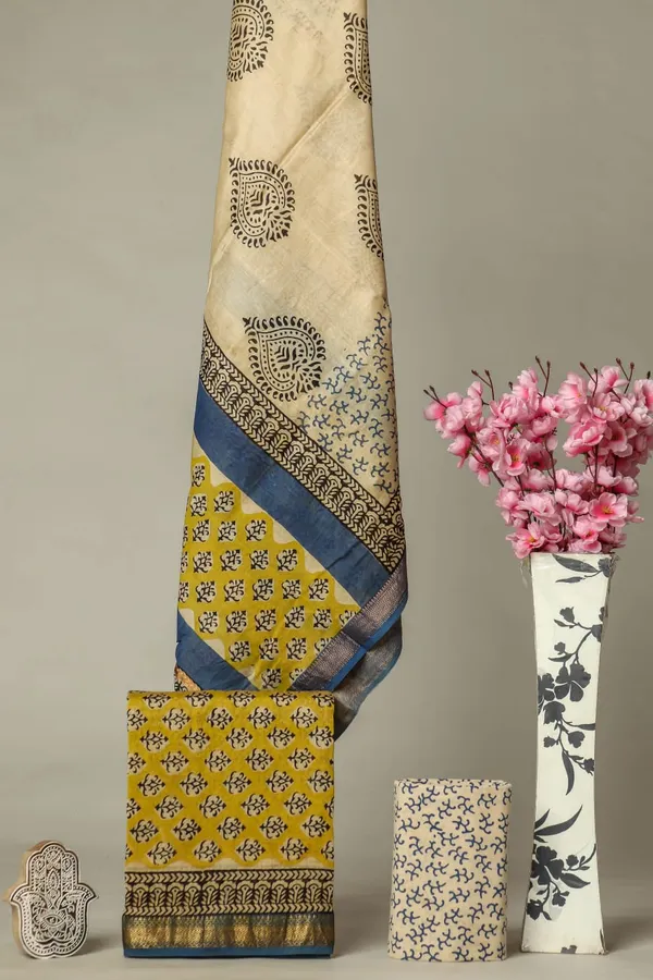 Unstitched_Yellow_and_Blue_Block_printed_Maheshwari_Silk_three_piece_suit_set