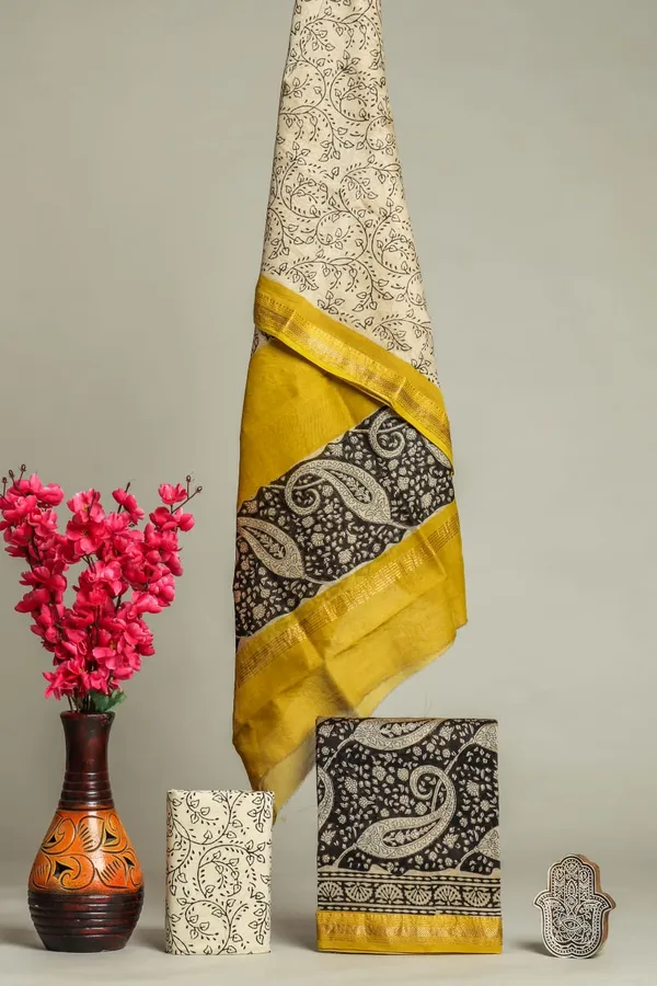 Unstitched_Yellow_and_Black_Block_printed_Maheshwari_Silk_three_piece_suit_set