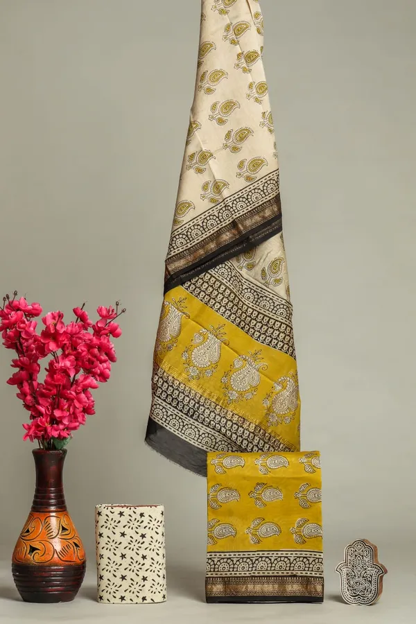 Unstitched_Yellow_and_Black_Block_printed_Maheshwari_Silk_three_piece_suit_set