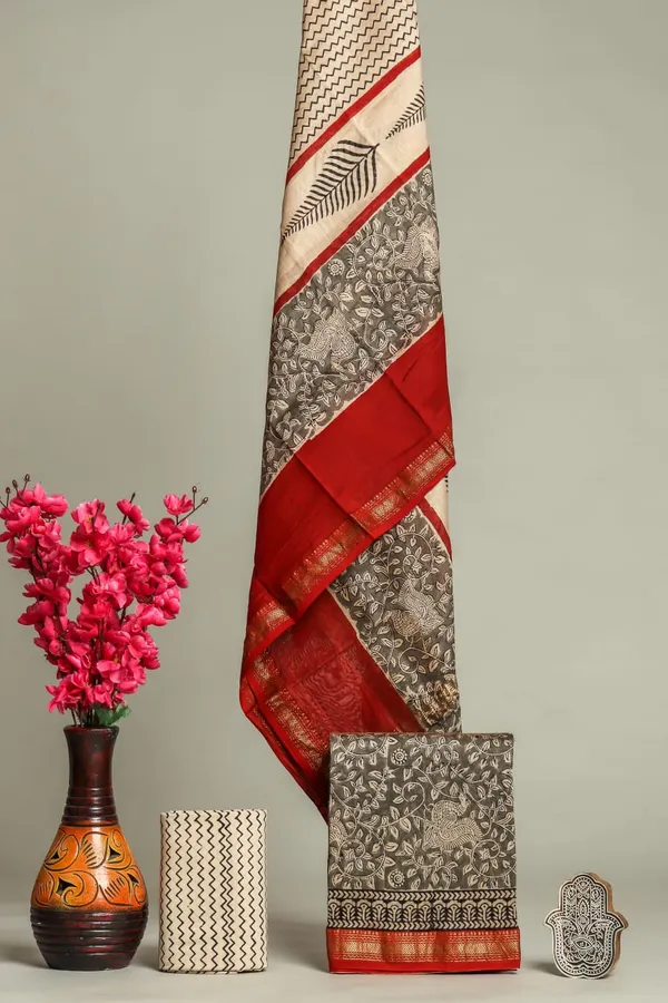 Unstitched_Red_and_Black_Block_printed_Maheshwari_Silk_three_piece_suit_set