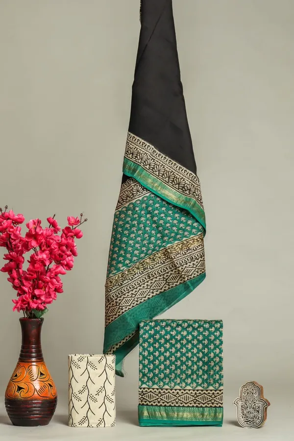 Unstitched_Green_and_Black_Block_printed_Maheshwari_Silk_three_piece_suit_set
