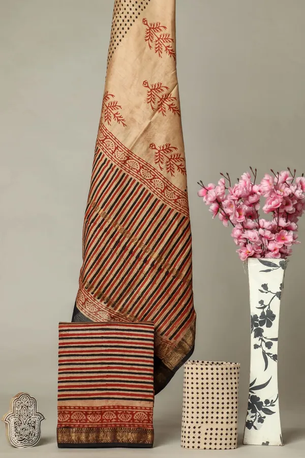 Unstitched_Red_and_Black_Block_printed_Maheshwari_Silk_three_piece_suit_set