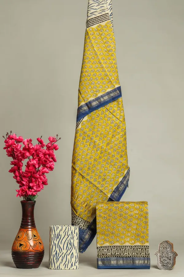 Unstitched_Yellow_and_Blue_Block_printed_Maheshwari_Silk_three_piece_suit_set