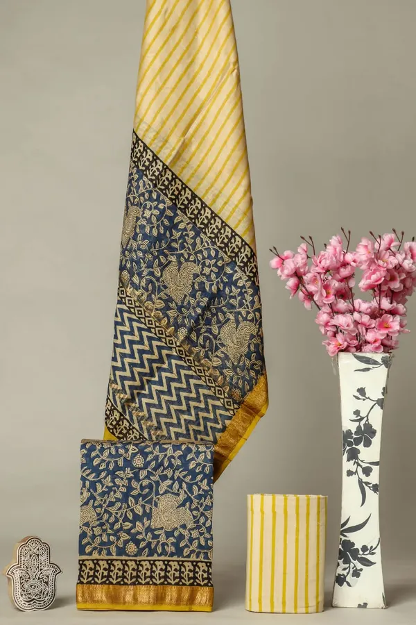 Unstitched_Yellow_and_Blue_Block_printed_Maheshwari_Silk_three_piece_suit_set