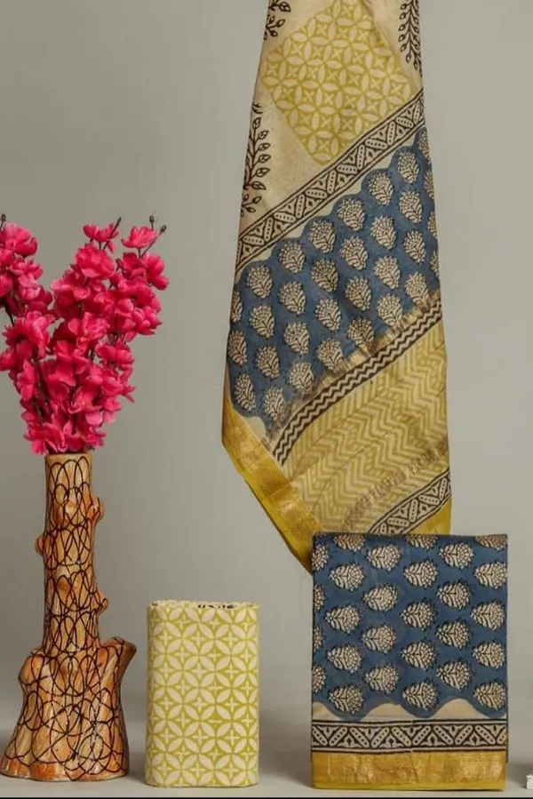 Unstitched_Yellow_and_Blue_Block_printed_Maheshwari_Silk_three_piece_suit_set