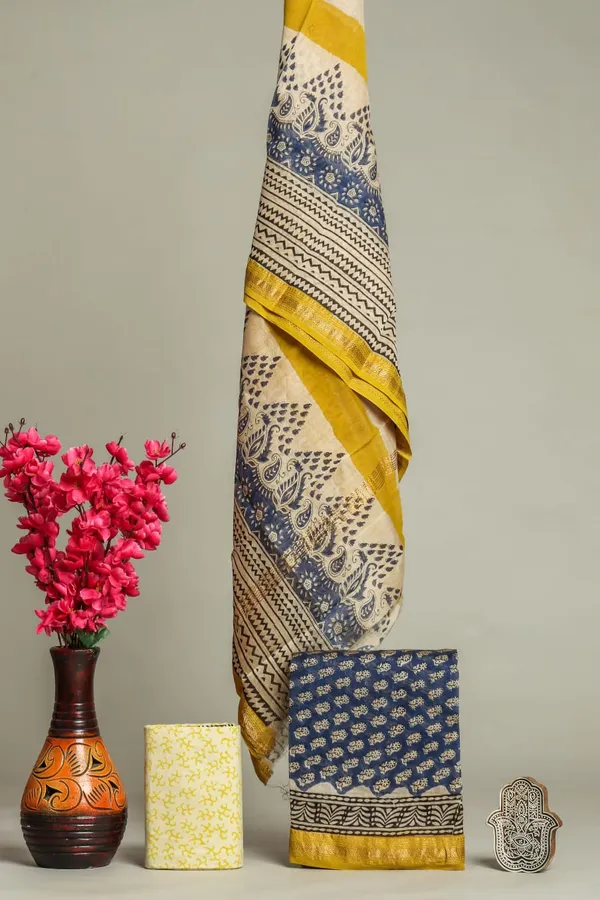 Unstitched_Yellow_and_Blue_Block_printed_Maheshwari_Silk_three_piece_suit_set
