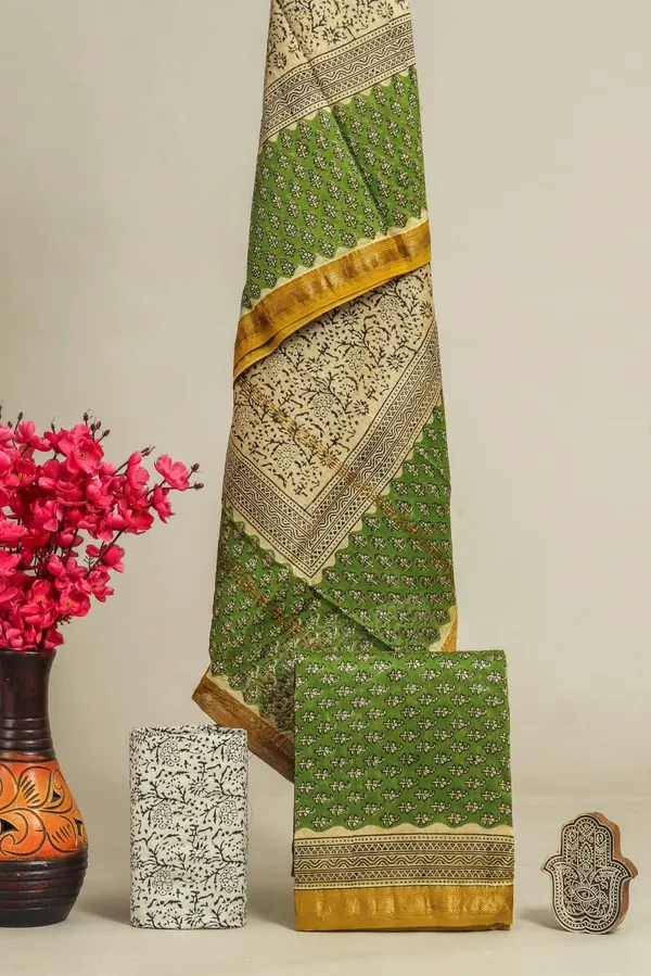 Unstitched_Green_and_Yellow_Block_printed_Maheshwari_Silk_three_piece_suit_set