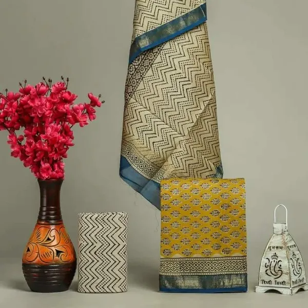 Unstitched_Blue_and_Yellow_Block_printed_Maheshwari_Silk_three_piece_suit_set