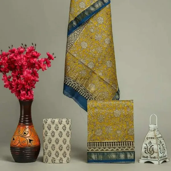 Unstitched_Yellow_and_Blue_Block_printed_Maheshwari_Silk_three_piece_suit_set