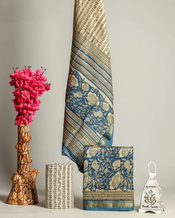 Unstitched_Blue_and_Black_Block_printed_Maheshwari_Silk_three_piece_suit_set