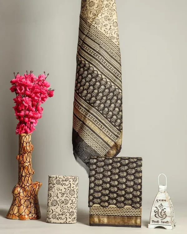 Unstitched_Black_Block_printed_Maheshwari_Silk_three_piece_suit_set