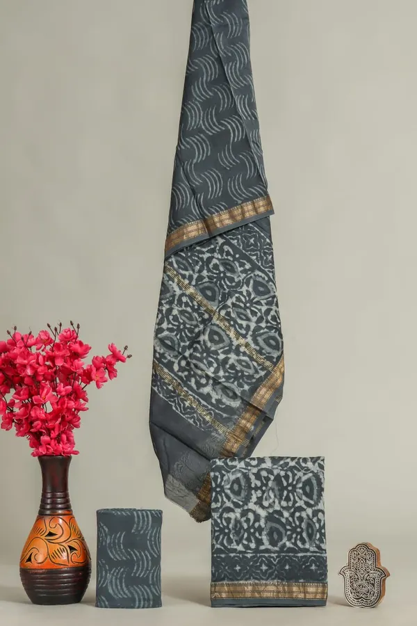 Unstitched_Blue_Block_printed_Maheshwari_Silk_three_piece_suit_set
