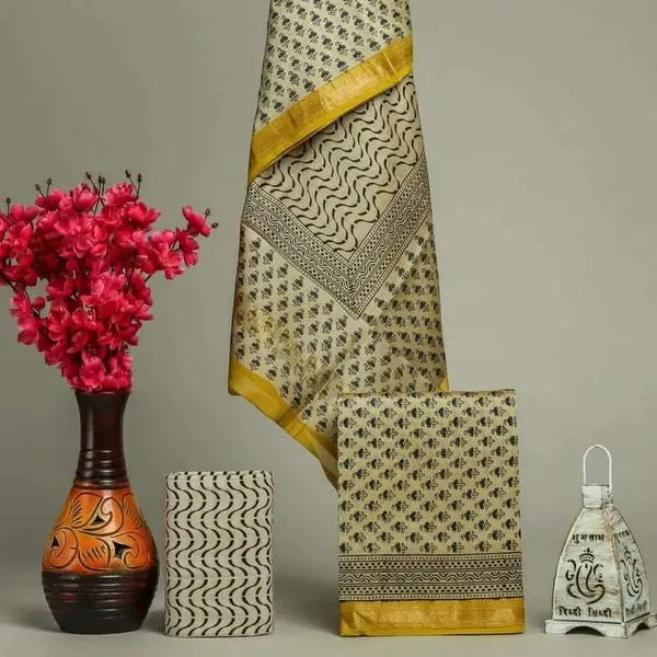 Unstitched_Yellow_and_Black_Block_printed_Maheshwari_Silk_three_piece_suit_set