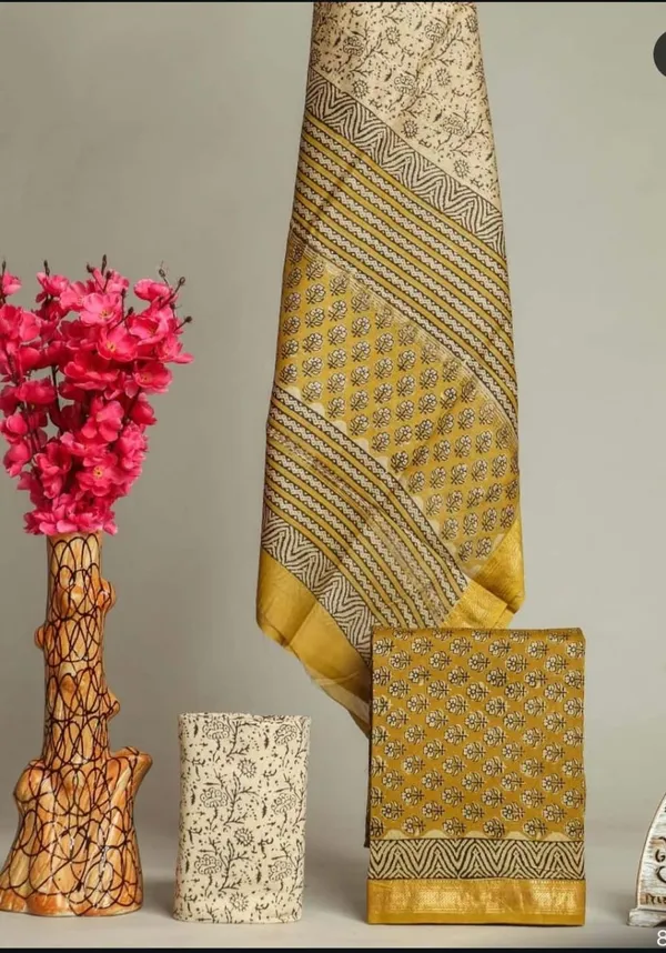 Unstitched_Yellow_and_Black_Block_printed_Maheshwari_Silk_three_piece_suit_set