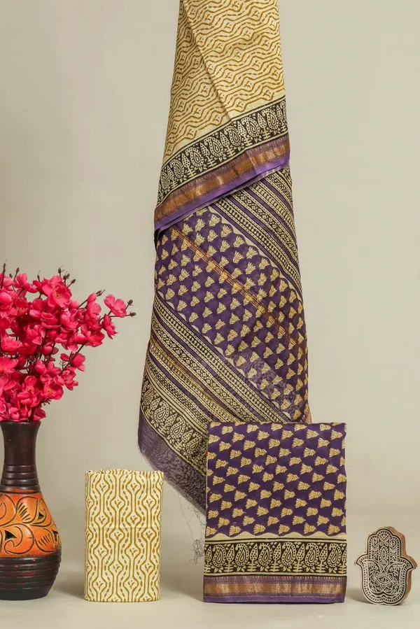 Unstitched_Purple_and_Yellow_Block_printed_Maheshwari_Silk_three_piece_suit_set