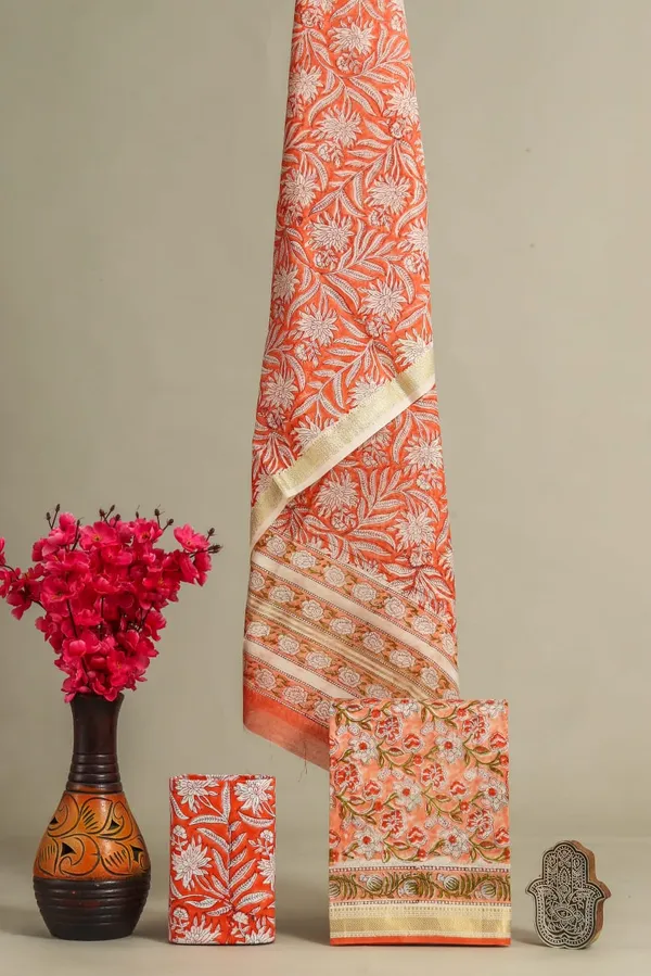 Unstitched_Orange_Block_printed_Maheshwari_Silk_three_piece_suit_set