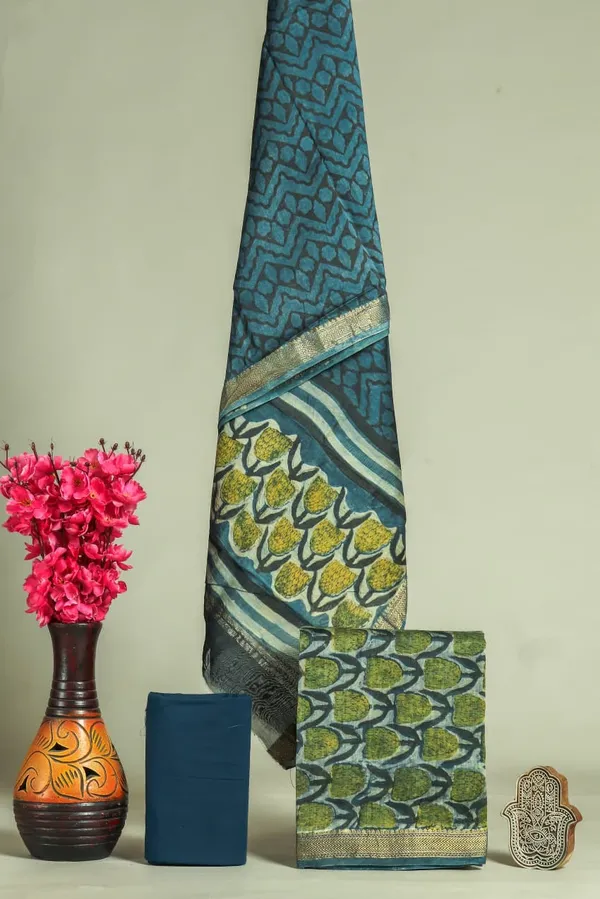 Unstitched_Blue_and_Yellow_Block_printed_Maheshwari_Silk_three_piece_suit_set