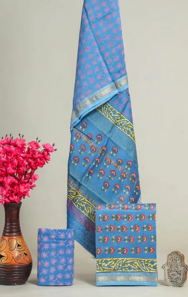 Unstitched_Blue_and_Pink_Block_printed_Maheshwari_Silk_three_piece_suit_set