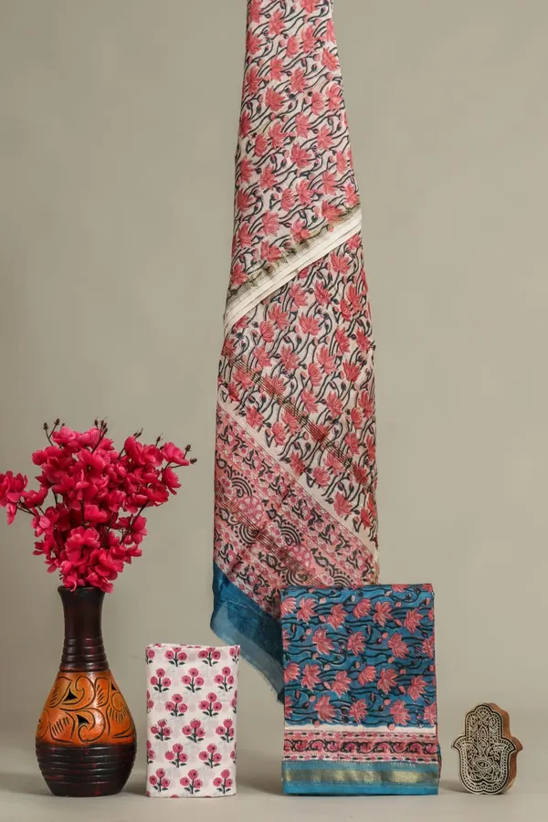 Unstitched_Blue_and_Pink_Block_printed_Maheshwari_Silk_three_piece_suit_set