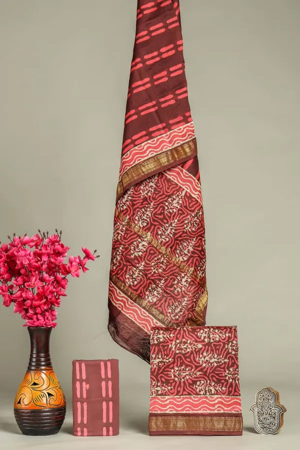 Unstitched_Brown_and_Pink_Block_printed_Maheshwari_Silk_three_piece_suit_set