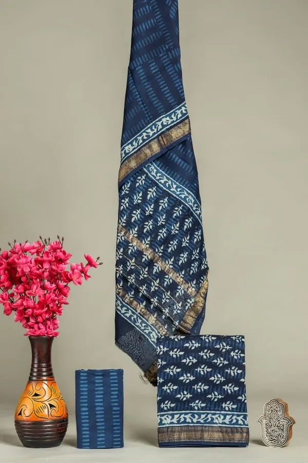 Unstitched_Blue_Block_printed_Maheshwari_Silk_three_piece_suit_set