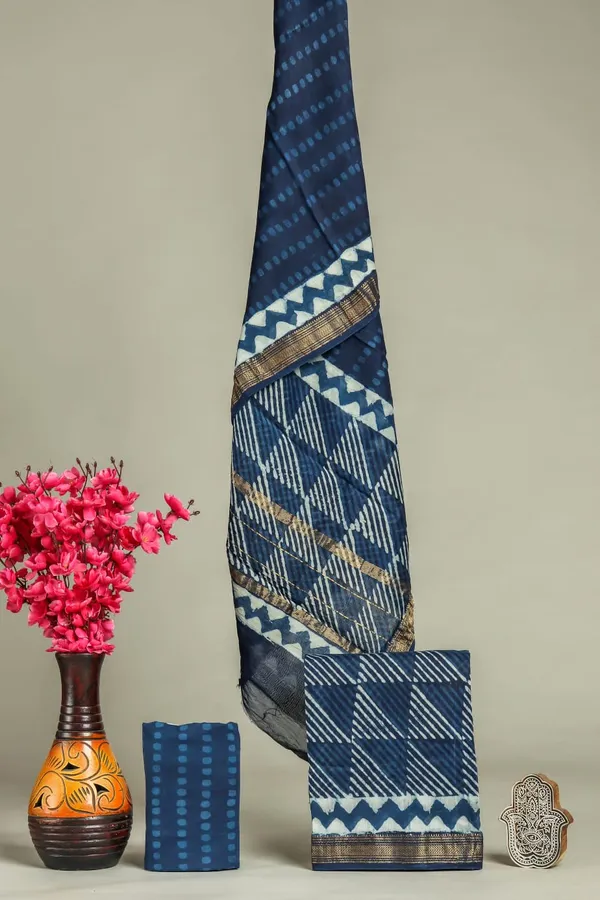 Unstitched_Blue_Block_printed_Maheshwari_Silk_three_piece_suit_set