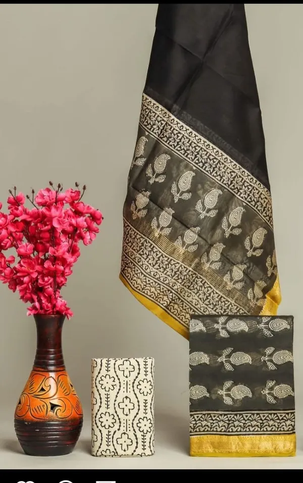 Unstitched_Black_and_Yellow_Block_printed_Maheshwari_Silk_three_piece_suit_set