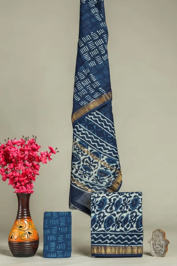Unstitched_Blue_Block_printed_Maheshwari_Silk_three_piece_suit_set