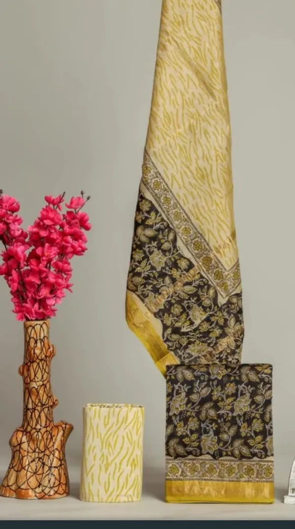 Unstitched_Yellow_and_Black_Block_printed_Maheshwari_Silk_three_piece_suit_set