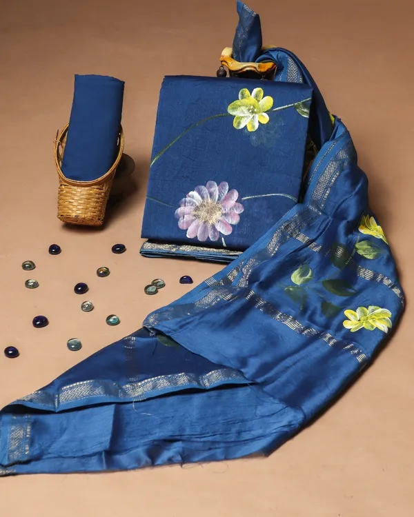 Unstitched_Blue_Block_printed_Maheshwari_Silk_three_piece_suit_set