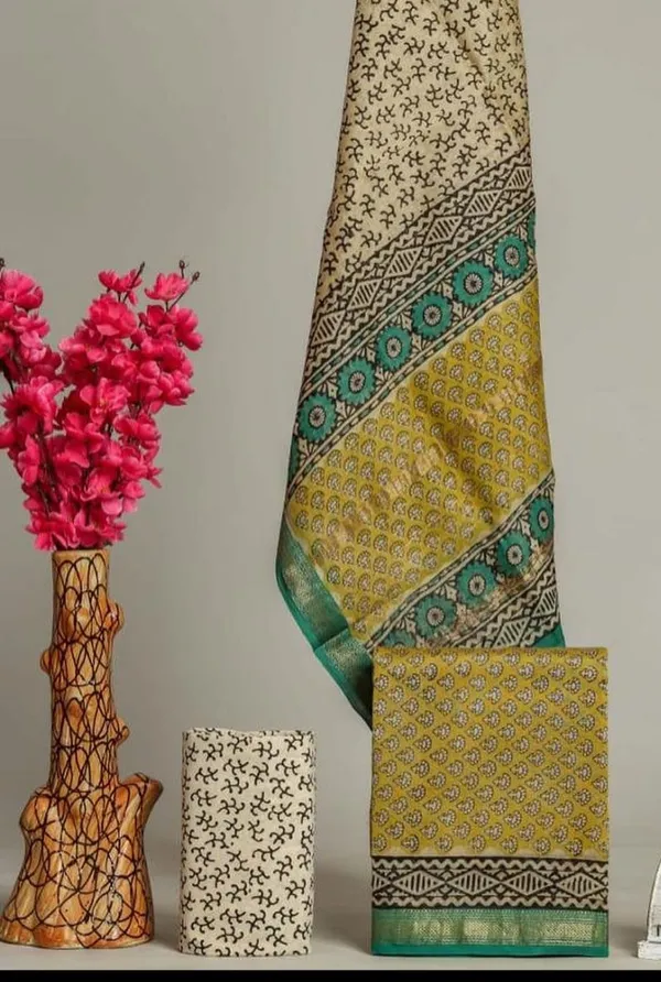 Unstitched_Yellow_and_Green_Block_printed_Maheshwari_Silk_three_piece_suit_set