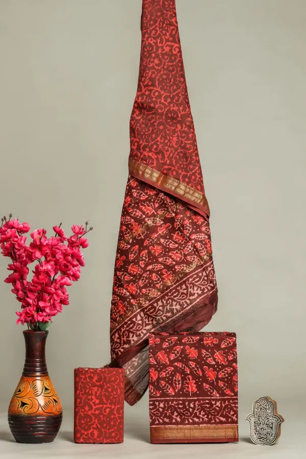 Unstitched_Red_and_Brown_Block_printed_Maheshwari_Silk_three_piece_suit_set