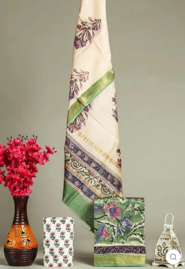 Unstitched_Green,_Pink_and_Blue_Block_printed_Maheshwari_Silk_three_piece_suit_set