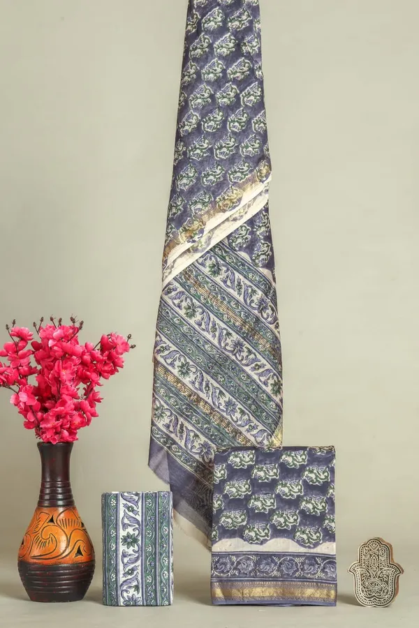 Unstitched_Purple_and_Green_Block_printed_Maheshwari_Silk_three_piece_suit_set