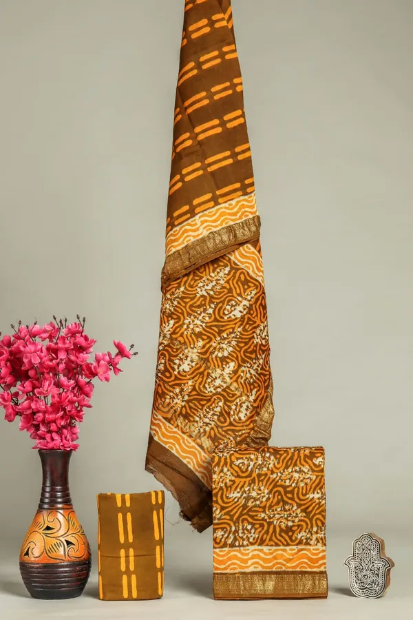 Unstitched_Yellow_and_Brown_Block_printed_Maheshwari_Silk_three_piece_suit_set