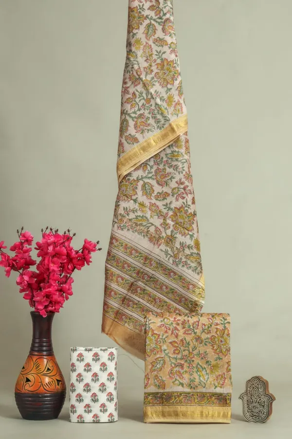 Unstitched_Yellow_and_Pink_Block_printed_Maheshwari_Silk_three_piece_suit_set