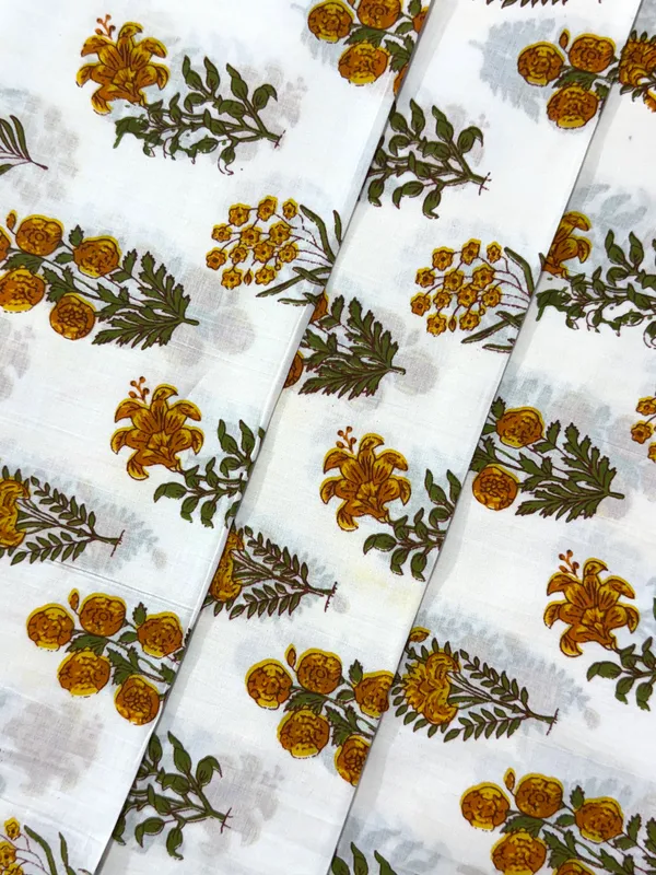 White_Cotton_Traditional_Floral_Hand_Block_Print_Unstiched_Material_For_Men's_Kurta_Shirts_&_Women's_Kurti_and_Other_Dress_Material