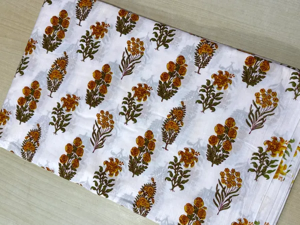 White_Cotton_Traditional_Floral_Hand_Block_Print_Unstiched_Material_For_Men's_Kurta_Shirts_&_Women's_Kurti_and_Other_Dress_Material