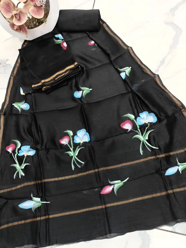 Unstitched_Black_Hand_Painted_Chanderi_Silk_three_piece_suit_set