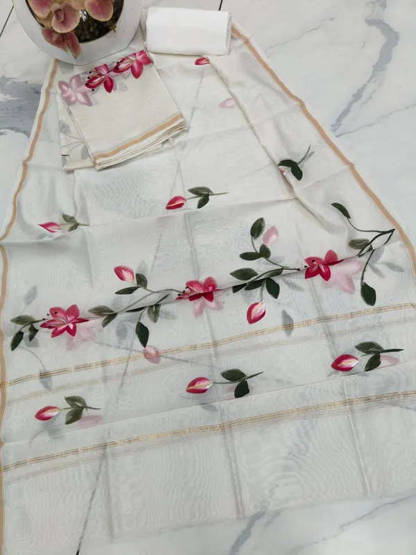 Unstitched_White_and_Pink_hand_painted_Chanderi_Silk_three_piece_suit_set