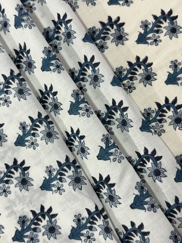 White_Cotton_Traditional_Floral_Hand_Block_Print_Unstiched_Material_For_Men's_Kurta_Shirts_&_Women's_Kurti_and_Other_Dress_Material