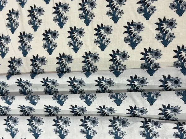 White_Cotton_Traditional_Floral_Hand_Block_Print_Unstiched_Material_For_Men's_Kurta_Shirts_&_Women's_Kurti_and_Other_Dress_Material