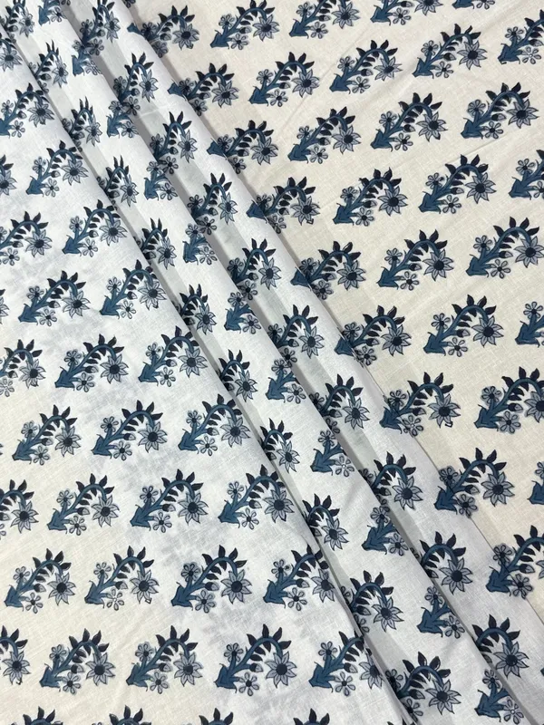 White_Cotton_Traditional_Floral_Hand_Block_Print_Unstiched_Material_For_Men's_Kurta_Shirts_&_Women's_Kurti_and_Other_Dress_Material